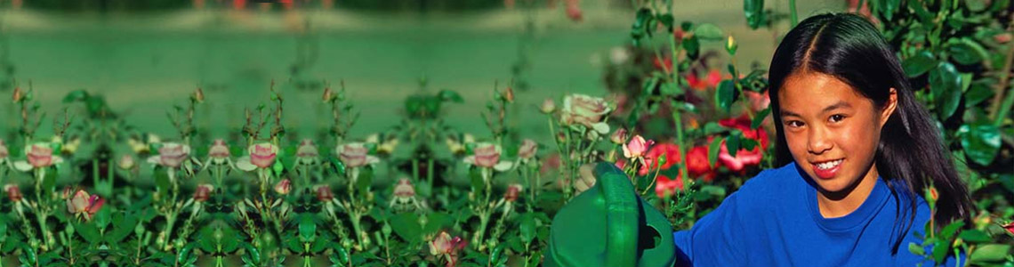 Girl in garden watering flowers.